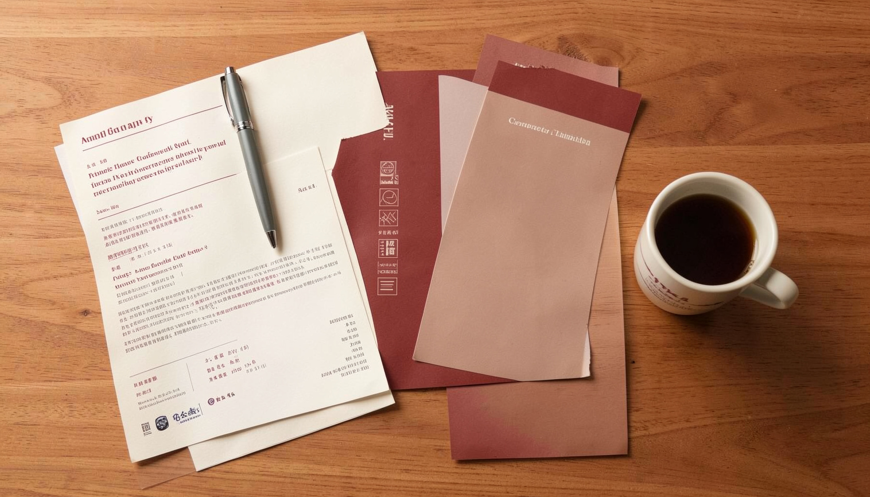 Overhead flat-lay photograph of academic conference materials on a warm wooden desk: a printed programme, a pen, and reading glasses beside a notebook.